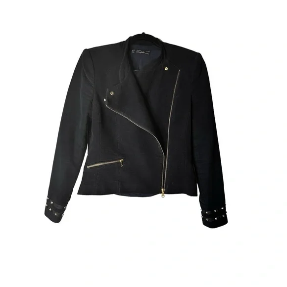 Zara Velvet Like Moto Bomber Collarless Jacket w/ Gold Zipper & Stud Detail sz M - Picture 5 of 16